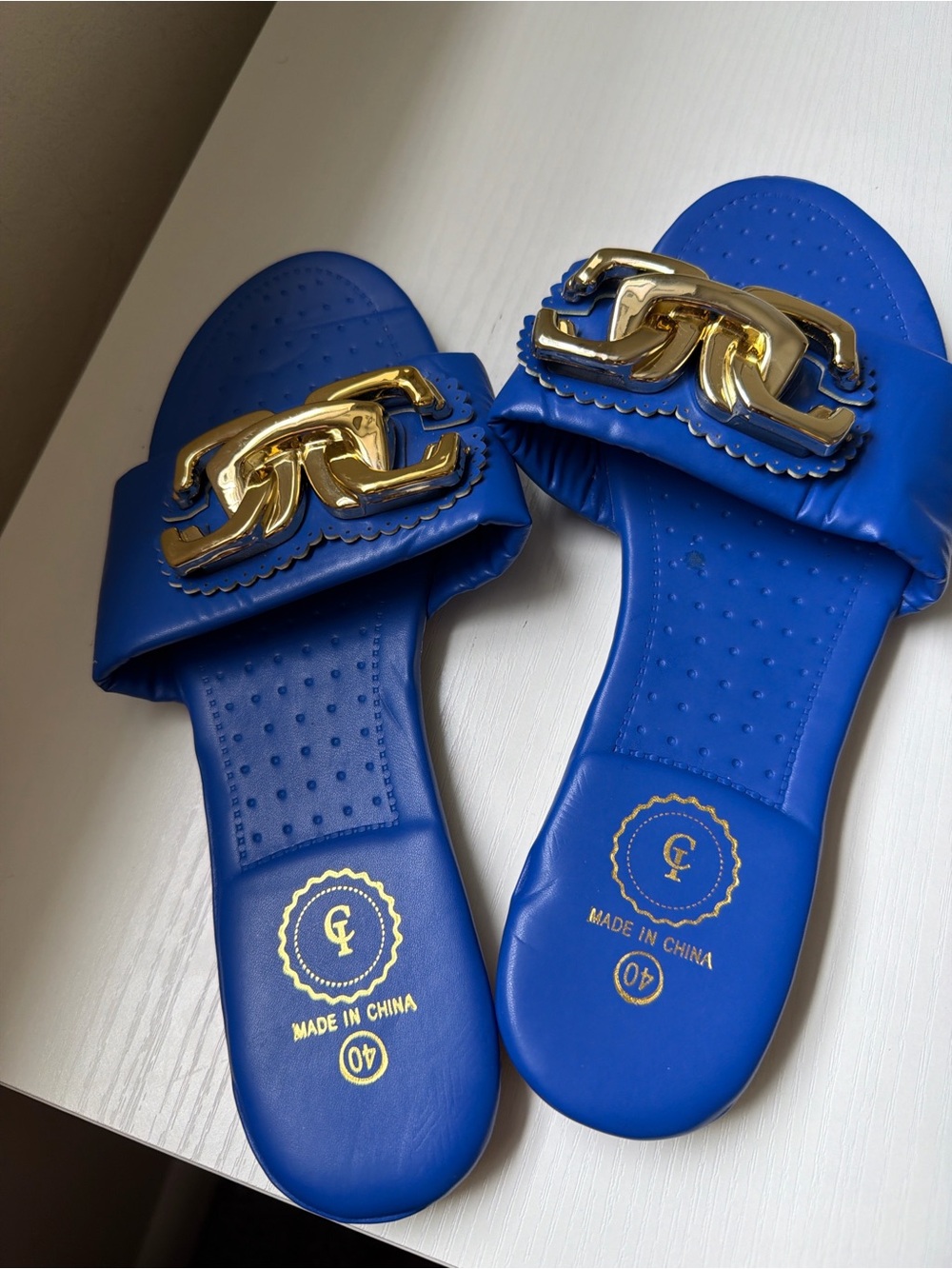 Blue Slide Sandals with Gold Chain Accent